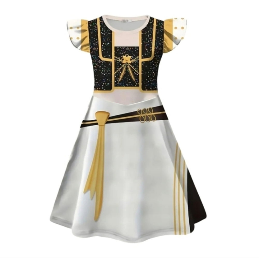 Girls White and Black Gold Ribbon Princess Costume Dress - Picture 3 of 6